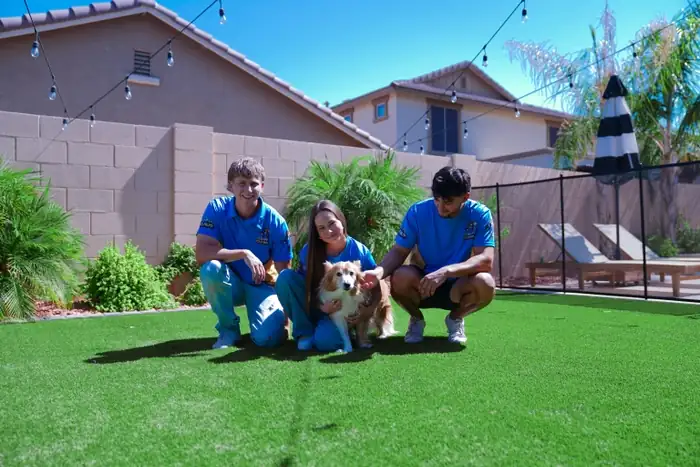 Crappy Cleanup crew with a dog in a clean Valley backyard