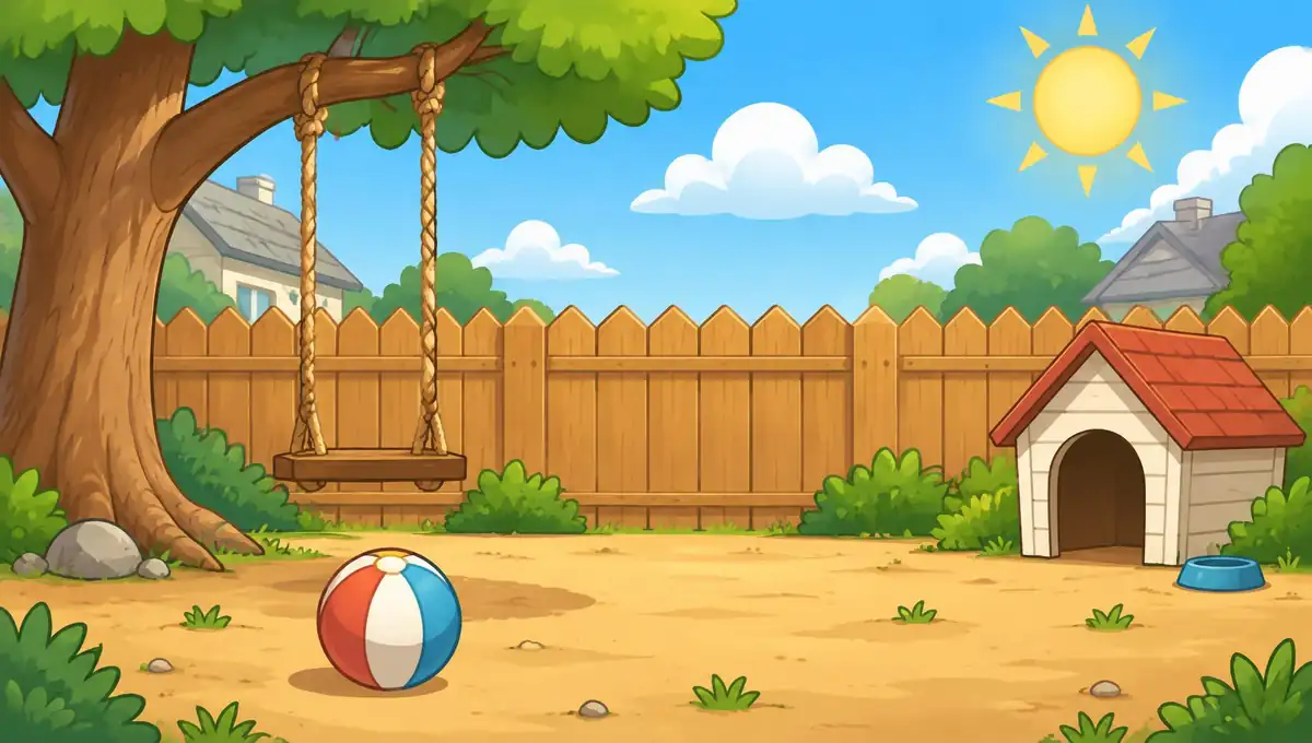Cartoon backyard with a fence, dog house and swing